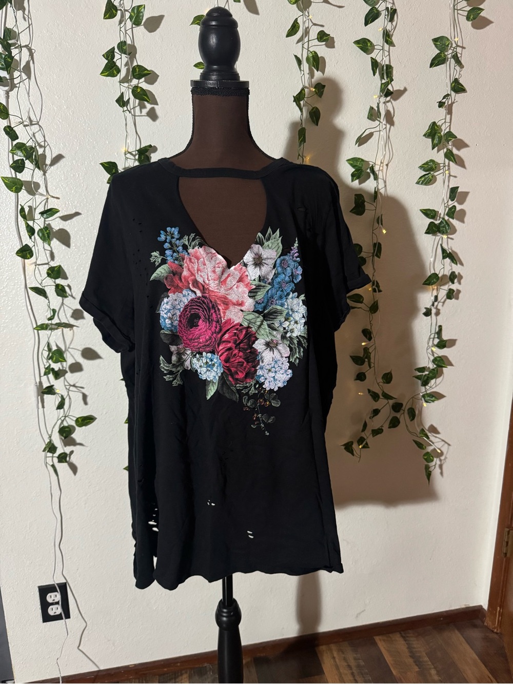 torrid Black Tee with Pink and Blue Floral Heart Cutout